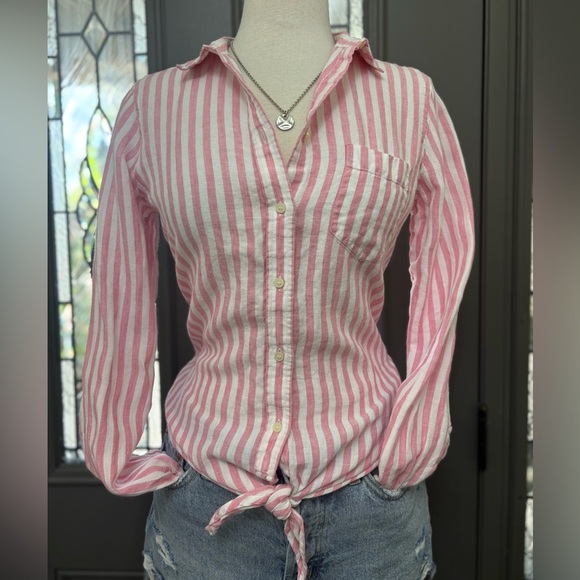 J. Crew Pink and White Striped 100% Linen Tie Waist Button-Up Shirt Size 6 - Picture 1 of 9